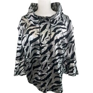 Y2K Vintage Berek Silver Black Zebra Print Hooded Jacket Cotton Blend Size XXL